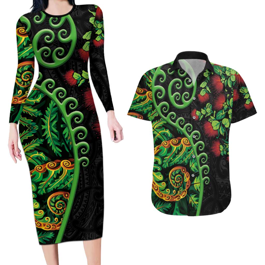 New Zealand Koru Plants and Pohutukawa Couples Matching Long Sleeve Bodycon Dress and Hawaiian Shirt Maori Tattoo Pattern