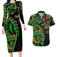 New Zealand Koru Plants and Pohutukawa Couples Matching Long Sleeve Bodycon Dress and Hawaiian Shirt Maori Tattoo Pattern