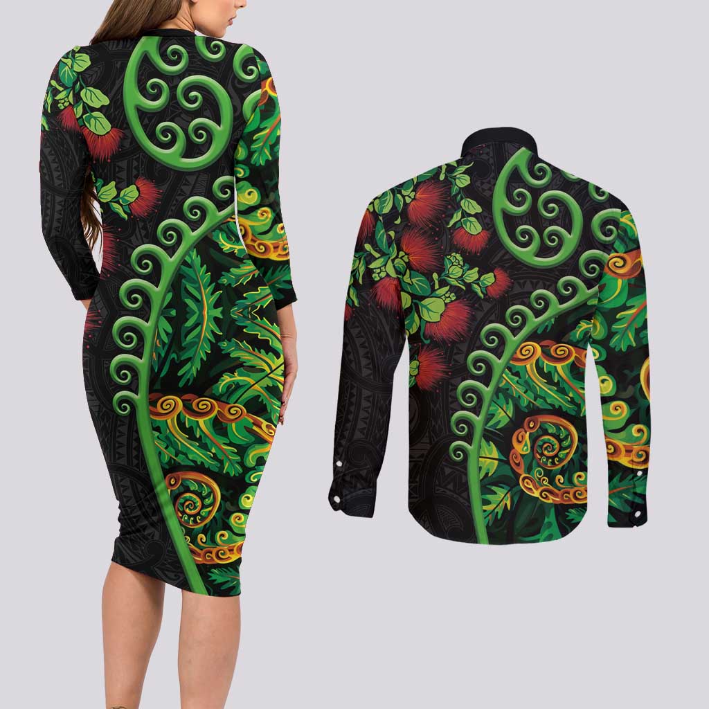 New Zealand Koru Plants and Pohutukawa Couples Matching Long Sleeve Bodycon Dress and Long Sleeve Button Shirt Maori Tattoo Pattern