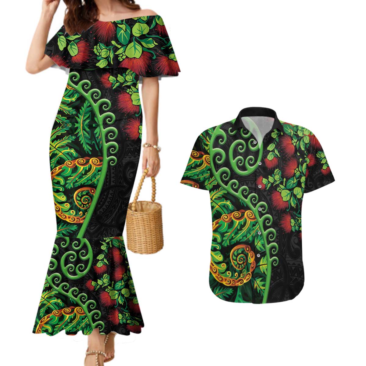 New Zealand Koru Plants and Pohutukawa Couples Matching Mermaid Dress and Hawaiian Shirt Maori Tattoo Pattern
