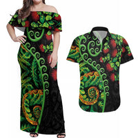 New Zealand Koru Plants and Pohutukawa Couples Matching Off Shoulder Maxi Dress and Hawaiian Shirt Maori Tattoo Pattern
