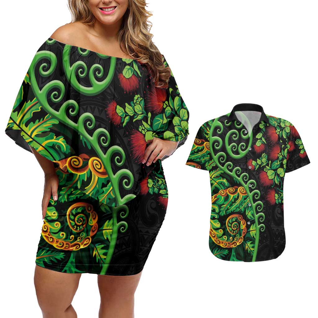 New Zealand Koru Plants and Pohutukawa Couples Matching Off Shoulder Short Dress and Hawaiian Shirt Maori Tattoo Pattern