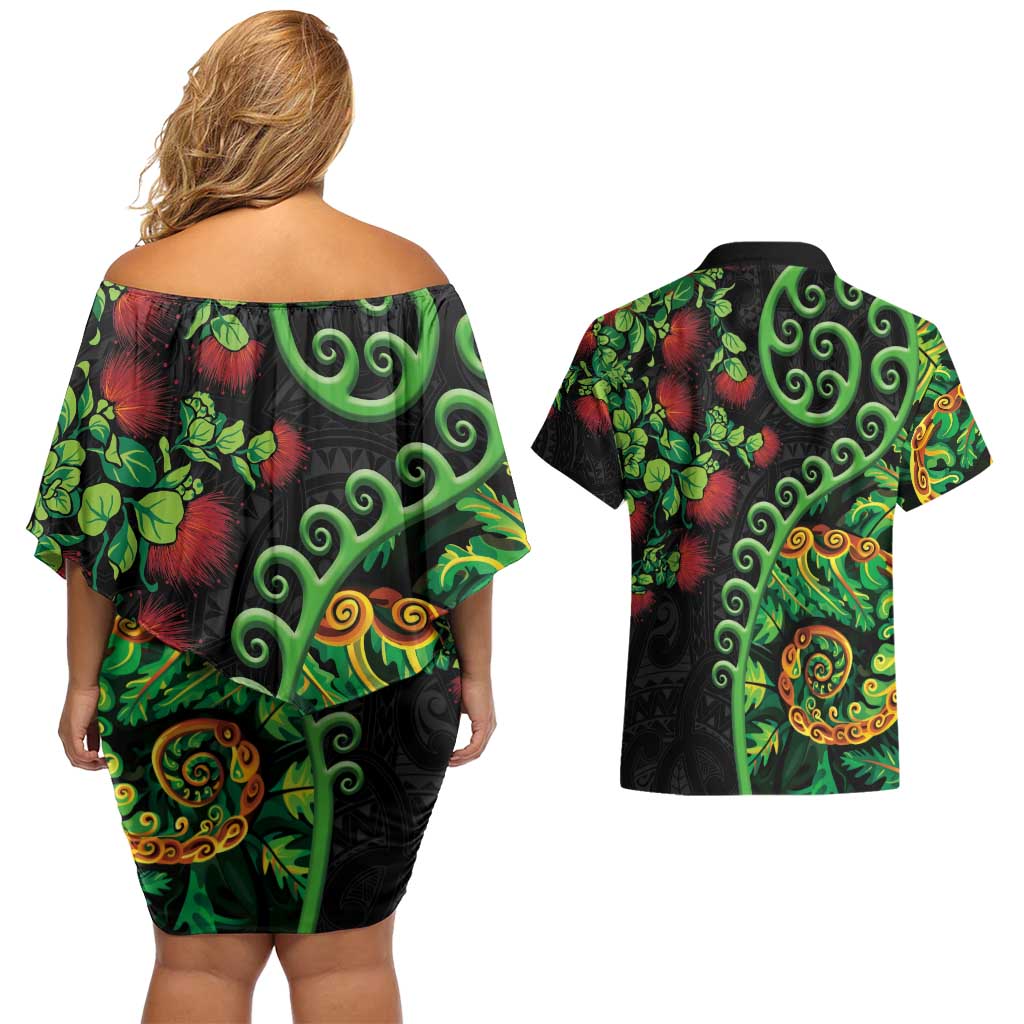New Zealand Koru Plants and Pohutukawa Couples Matching Off Shoulder Short Dress and Hawaiian Shirt Maori Tattoo Pattern