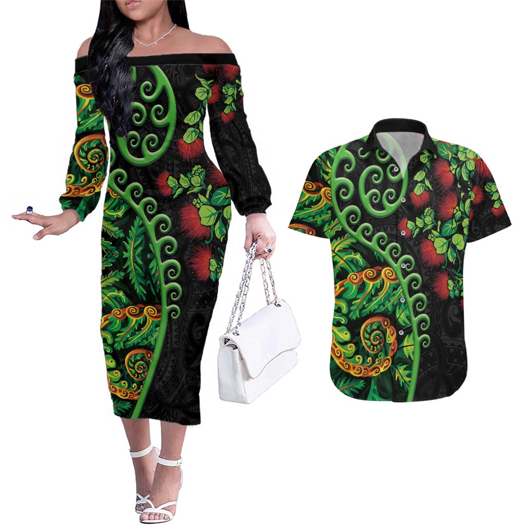 New Zealand Koru Plants and Pohutukawa Couples Matching Off The Shoulder Long Sleeve Dress and Hawaiian Shirt Maori Tattoo Pattern