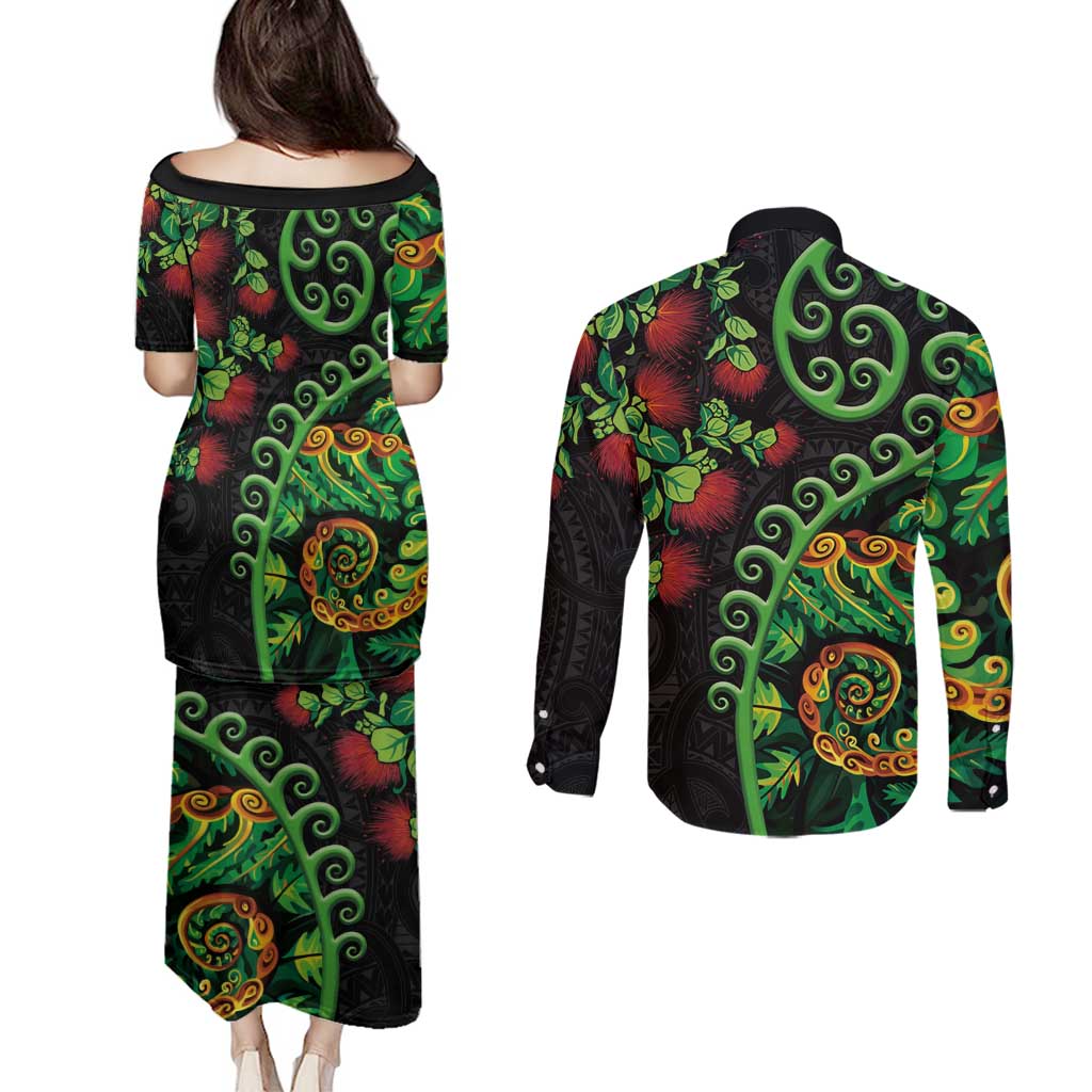 New Zealand Koru Plants and Pohutukawa Couples Matching Puletasi and Long Sleeve Button Shirt Maori Tattoo Pattern