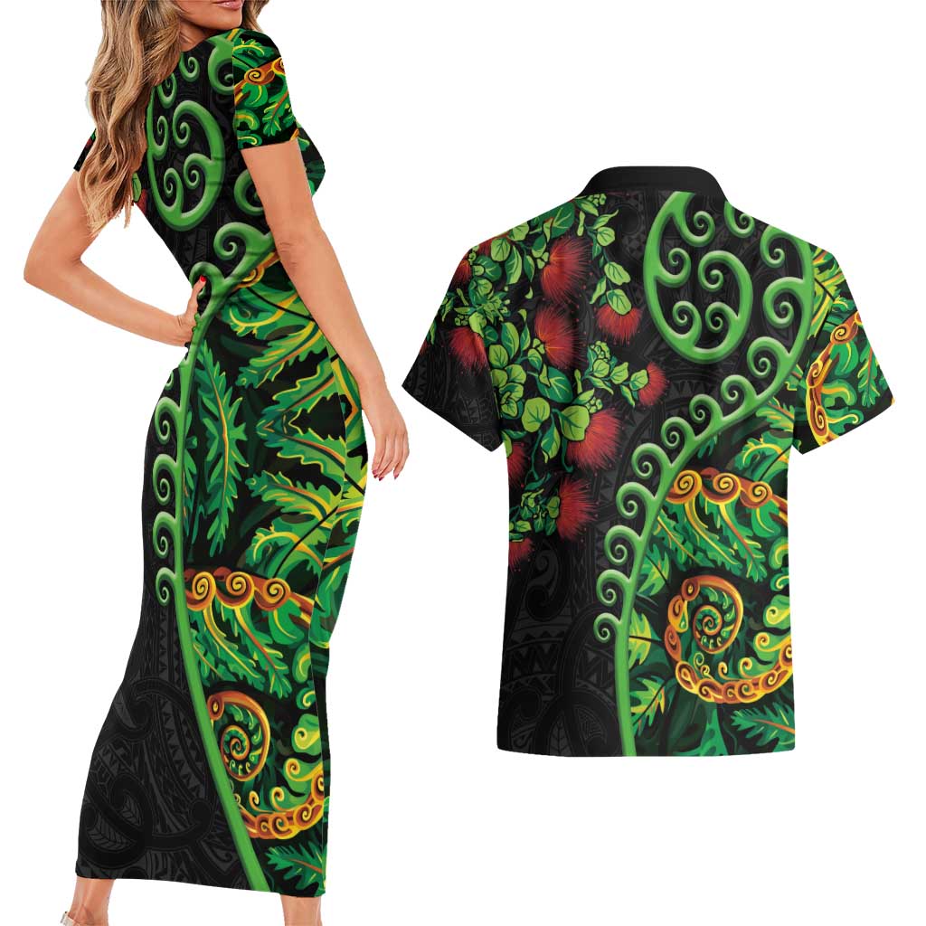 New Zealand Koru Plants and Pohutukawa Couples Matching Short Sleeve Bodycon Dress and Hawaiian Shirt Maori Tattoo Pattern