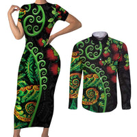 New Zealand Koru Plants and Pohutukawa Couples Matching Short Sleeve Bodycon Dress and Long Sleeve Button Shirt Maori Tattoo Pattern