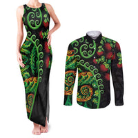 New Zealand Koru Plants and Pohutukawa Couples Matching Tank Maxi Dress and Long Sleeve Button Shirt Maori Tattoo Pattern