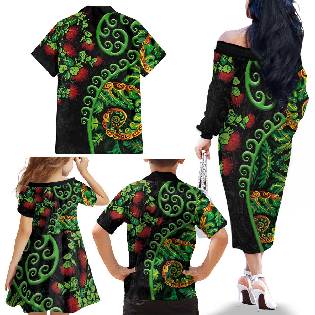New Zealand Koru Plants and Pohutukawa Family Matching Off The Shoulder Long Sleeve Dress and Hawaiian Shirt Maori Tattoo Pattern