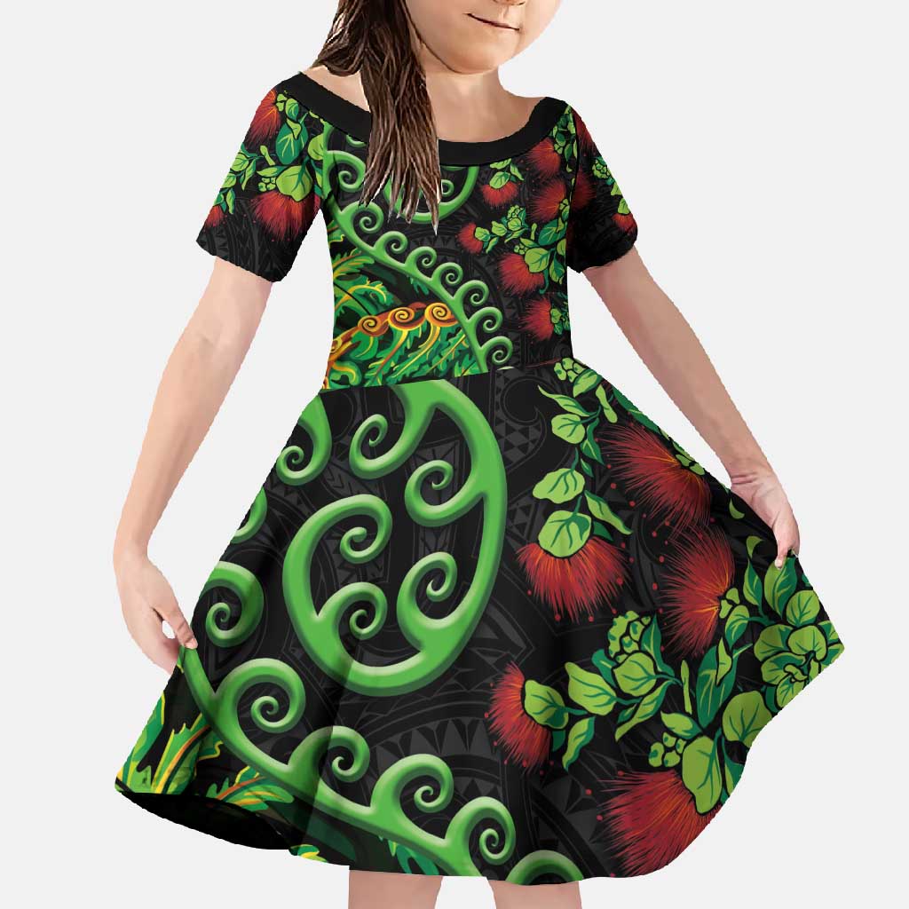 New Zealand Koru Plants and Pohutukawa Family Matching Off Shoulder Maxi Dress and Hawaiian Shirt Maori Tattoo Pattern