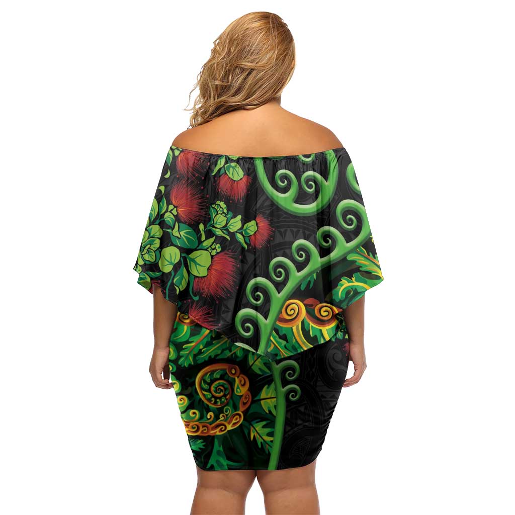 New Zealand Koru Plants and Pohutukawa Family Matching Off Shoulder Short Dress and Hawaiian Shirt Maori Tattoo Pattern