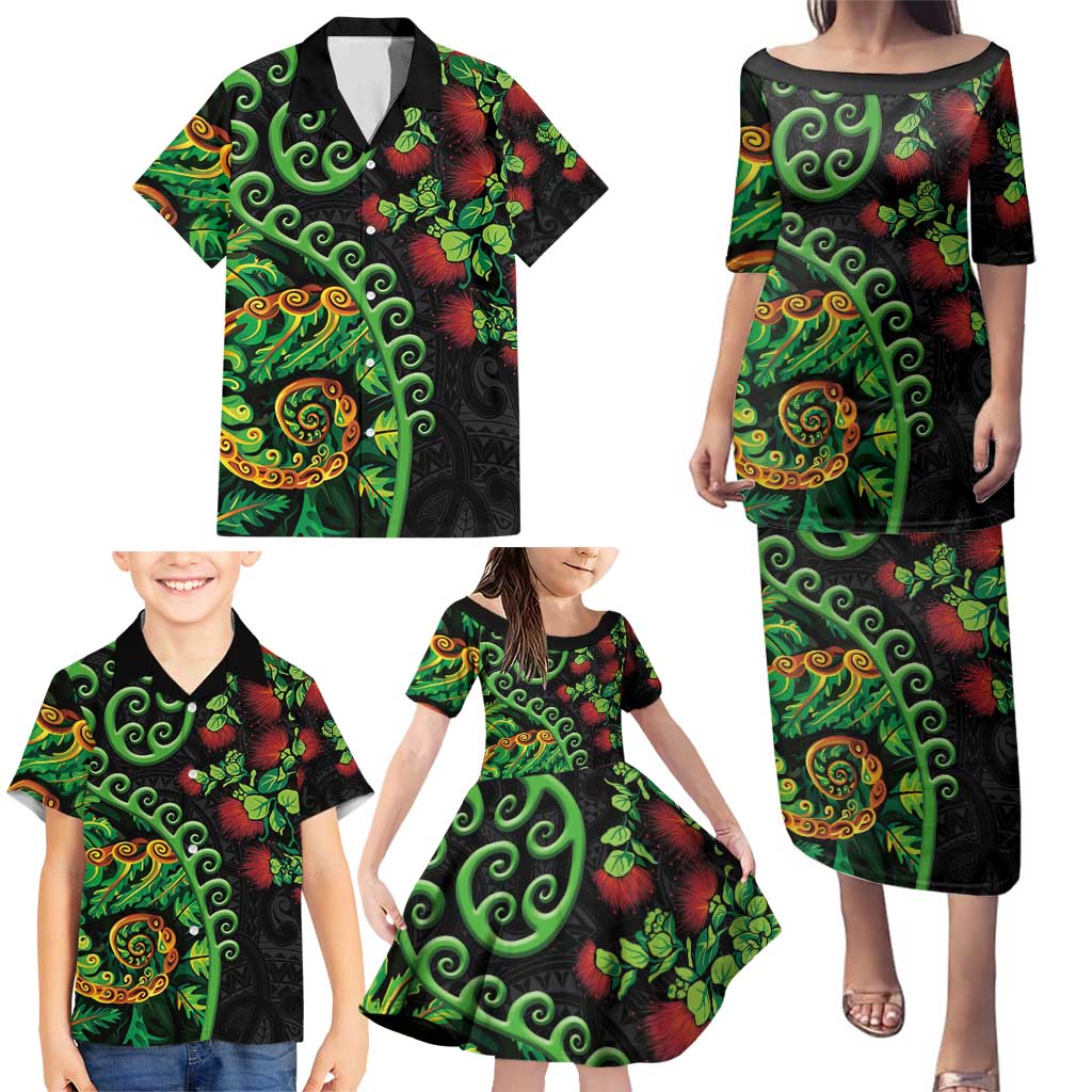 New Zealand Koru Plants and Pohutukawa Family Matching Puletasi and Hawaiian Shirt Maori Tattoo Pattern