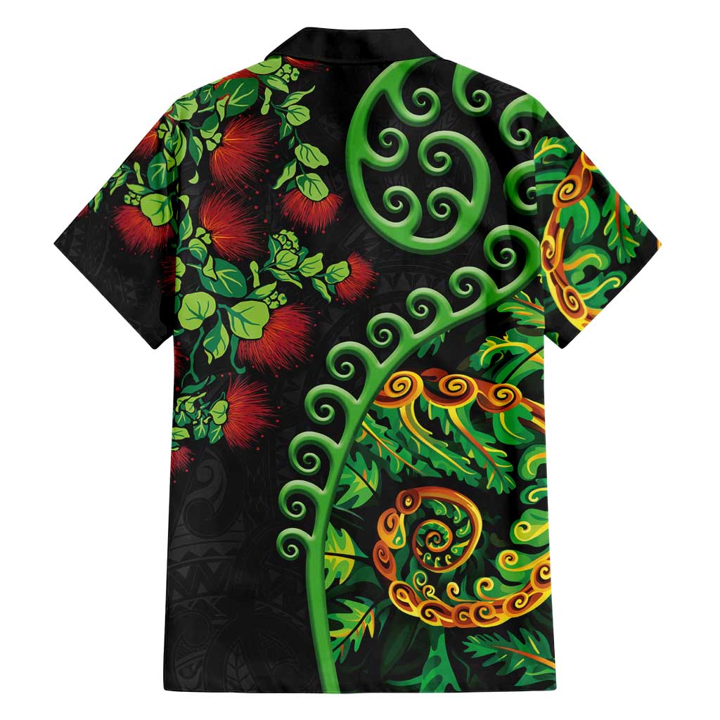 New Zealand Koru Plants and Pohutukawa Family Matching Puletasi and Hawaiian Shirt Maori Tattoo Pattern