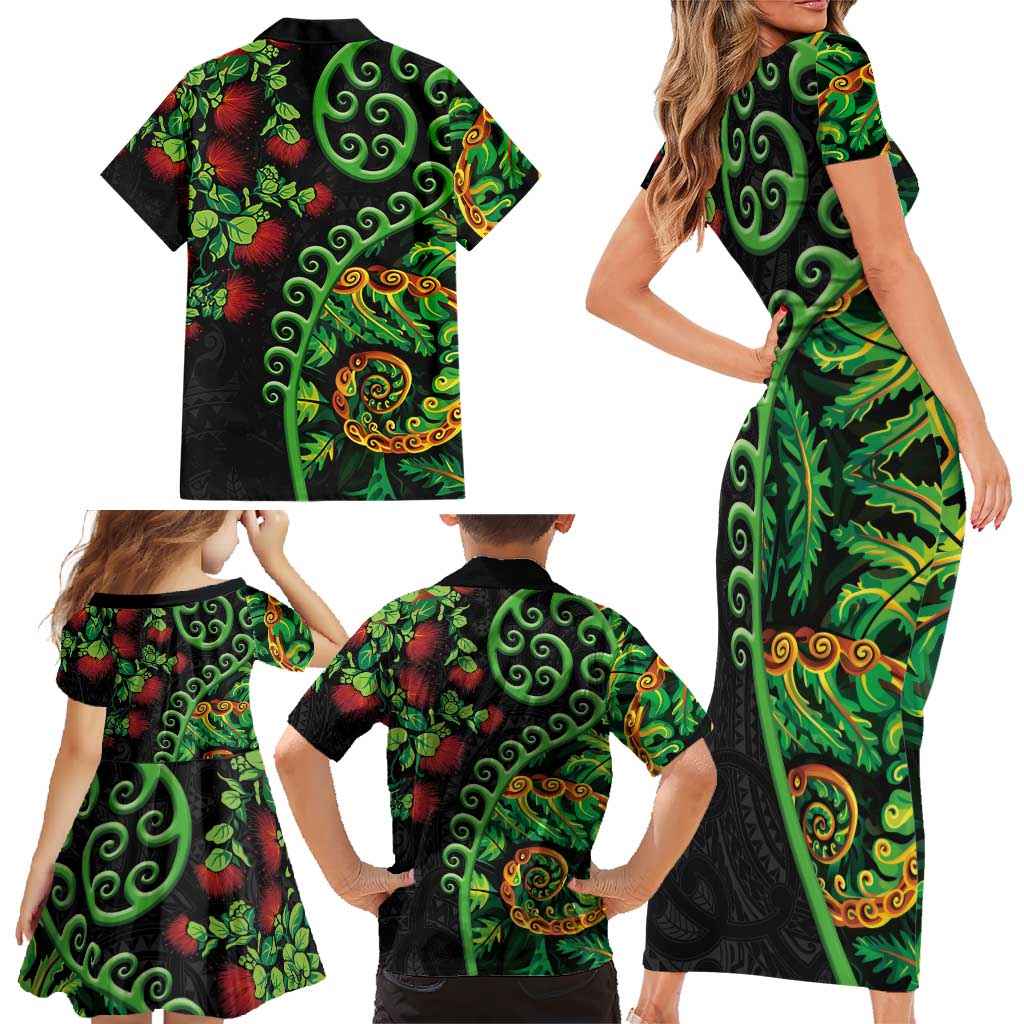 New Zealand Koru Plants and Pohutukawa Family Matching Short Sleeve Bodycon Dress and Hawaiian Shirt Maori Tattoo Pattern
