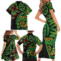 New Zealand Koru Plants and Pohutukawa Family Matching Short Sleeve Bodycon Dress and Hawaiian Shirt Maori Tattoo Pattern