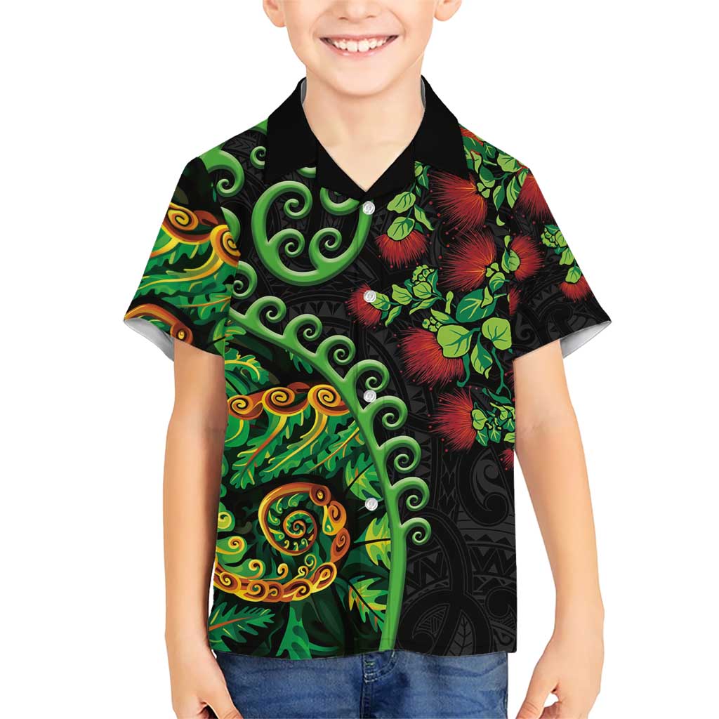 New Zealand Koru Plants and Pohutukawa Family Matching Short Sleeve Bodycon Dress and Hawaiian Shirt Maori Tattoo Pattern