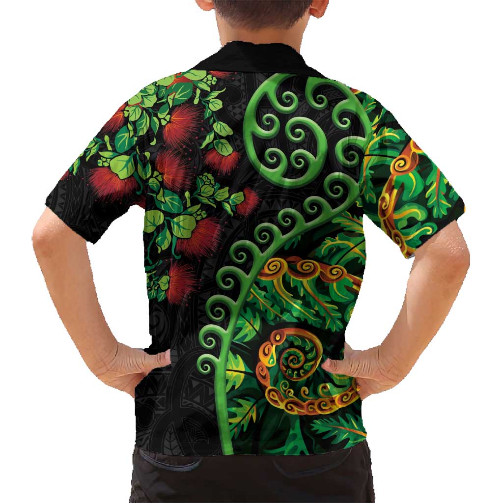 New Zealand Koru Plants and Pohutukawa Family Matching Tank Maxi Dress and Hawaiian Shirt Maori Tattoo Pattern