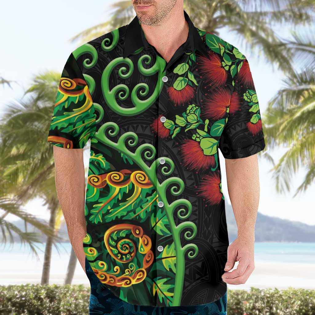 New Zealand Koru Plants and Pohutukawa Hawaiian Shirt Maori Tattoo Pattern