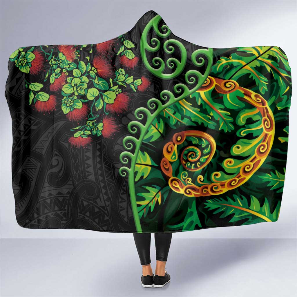 New Zealand Koru Plants and Pohutukawa Hooded Blanket Maori Tattoo Pattern
