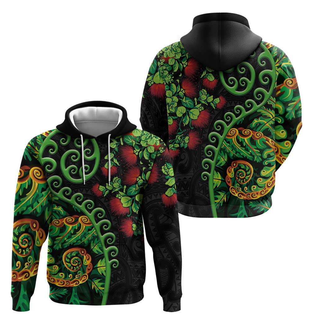 New Zealand Koru Plants and Pohutukawa Hoodie Maori Tattoo Pattern