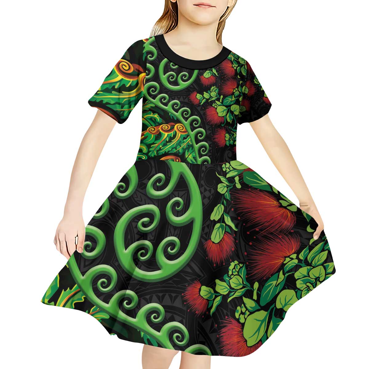 New Zealand Koru Plants and Pohutukawa Kid Short Sleeve Dress Maori Tattoo Pattern