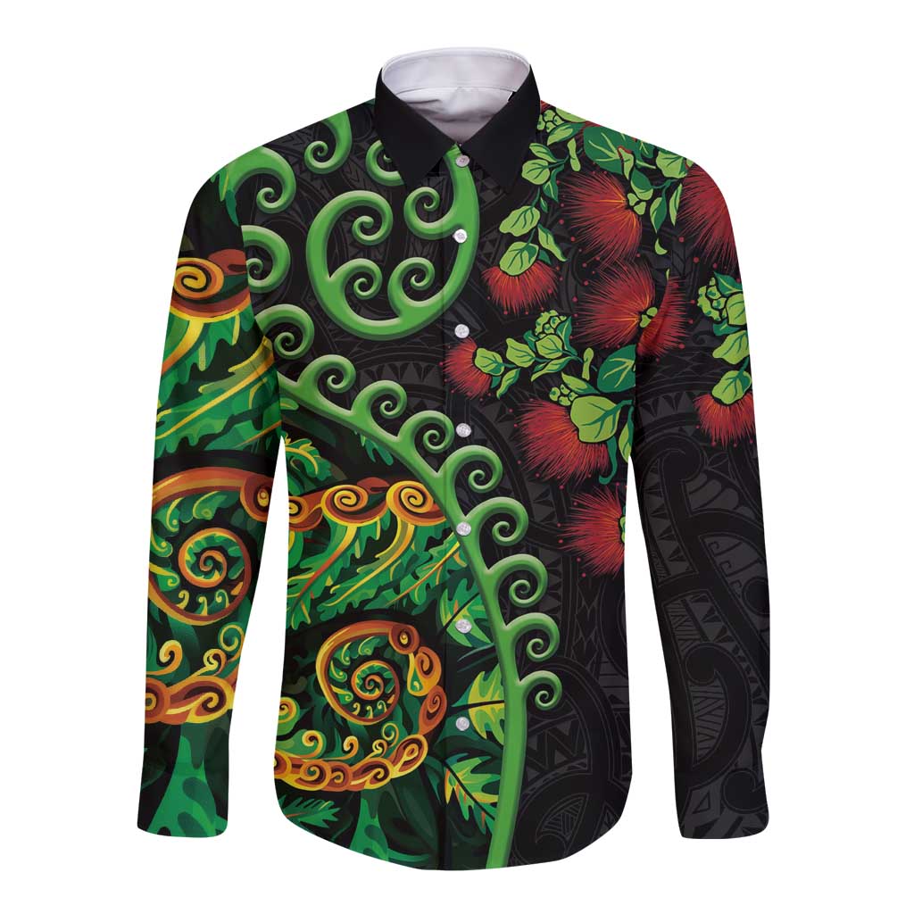 New Zealand Koru Plants and Pohutukawa Long Sleeve Button Shirt Maori Tattoo Pattern