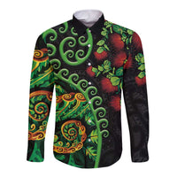 New Zealand Koru Plants and Pohutukawa Long Sleeve Button Shirt Maori Tattoo Pattern