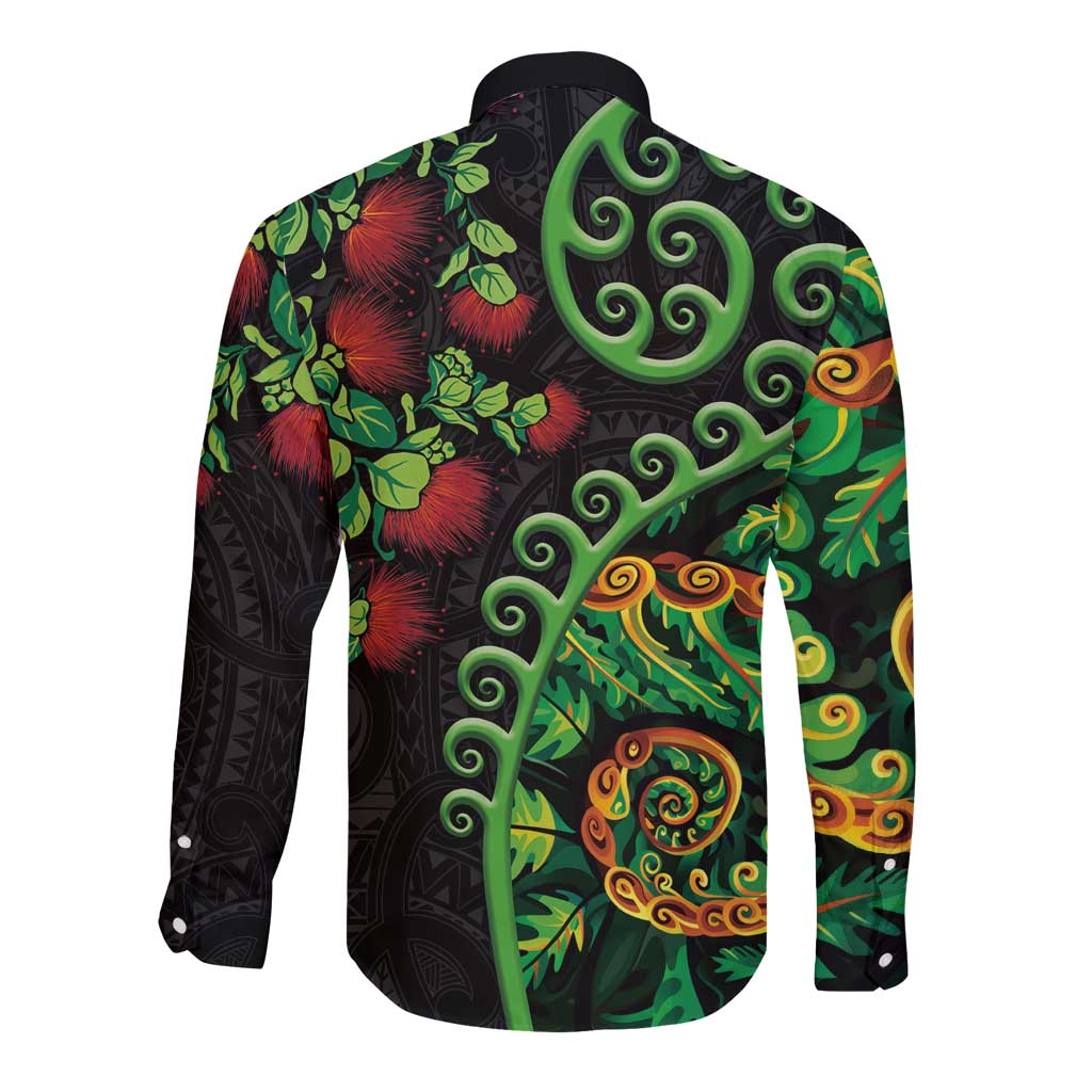 New Zealand Koru Plants and Pohutukawa Long Sleeve Button Shirt Maori Tattoo Pattern