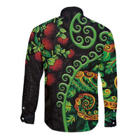 New Zealand Koru Plants and Pohutukawa Long Sleeve Button Shirt Maori Tattoo Pattern