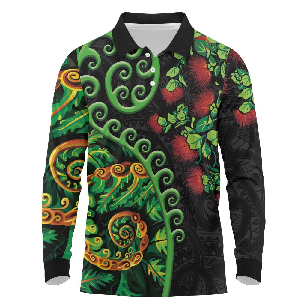 New Zealand Koru Plants and Pohutukawa Long Sleeve Polo Shirt Maori Tattoo Pattern