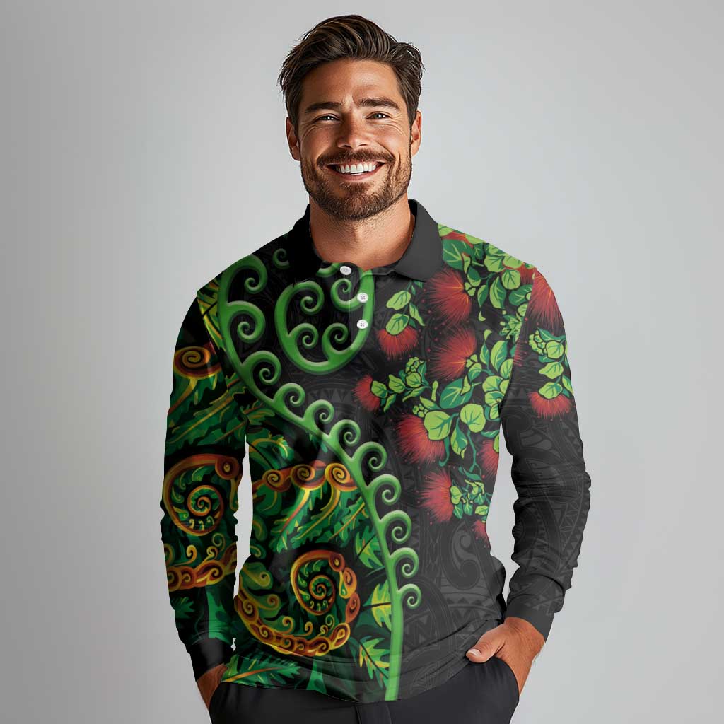 New Zealand Koru Plants and Pohutukawa Long Sleeve Polo Shirt Maori Tattoo Pattern