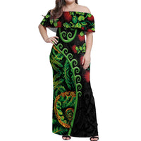 New Zealand Koru Plants and Pohutukawa Off Shoulder Maxi Dress Maori Tattoo Pattern