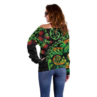 New Zealand Koru Plants and Pohutukawa Off Shoulder Sweater Maori Tattoo Pattern