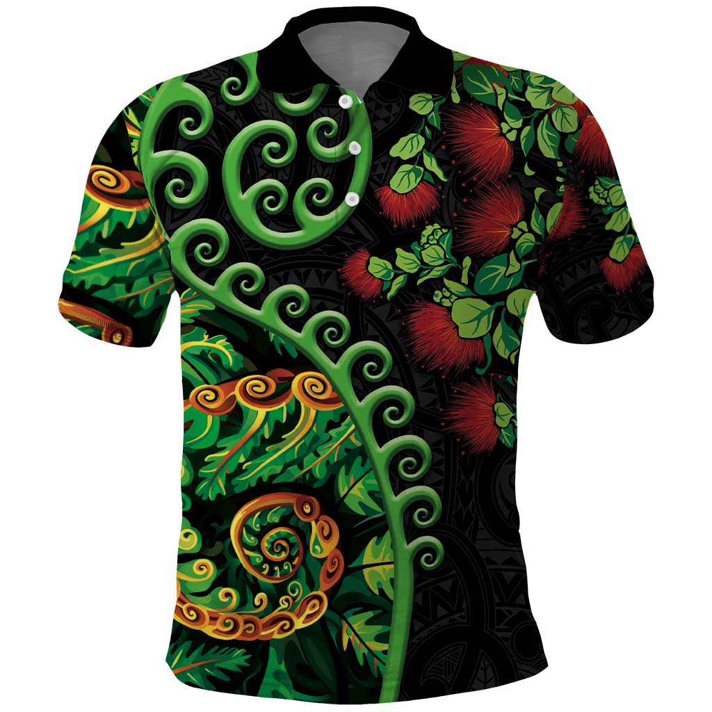 New Zealand Koru Plants and Pohutukawa Polo Shirt Maori Tattoo Pattern