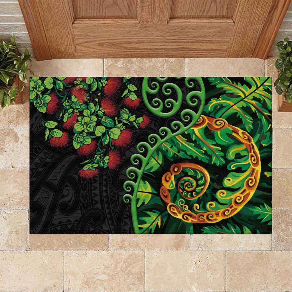 New Zealand Koru Plants and Pohutukawa Rubber Doormat Maori Tattoo Pattern