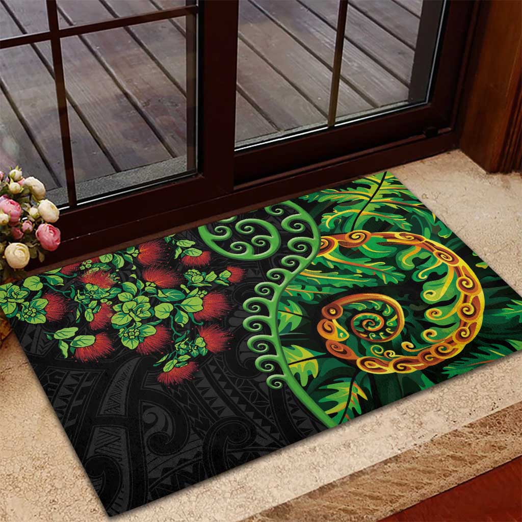 New Zealand Koru Plants and Pohutukawa Rubber Doormat Maori Tattoo Pattern