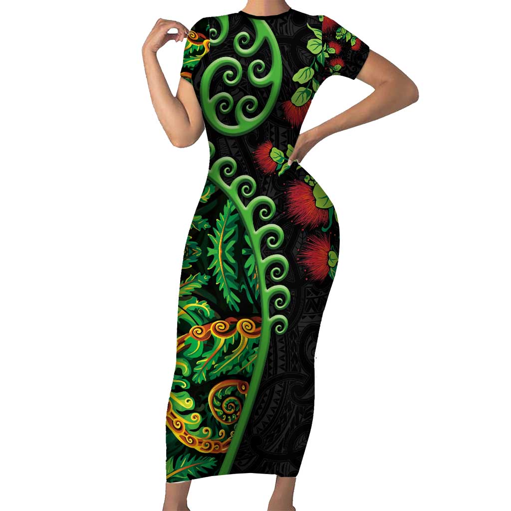 New Zealand Koru Plants and Pohutukawa Short Sleeve Bodycon Dress Maori Tattoo Pattern