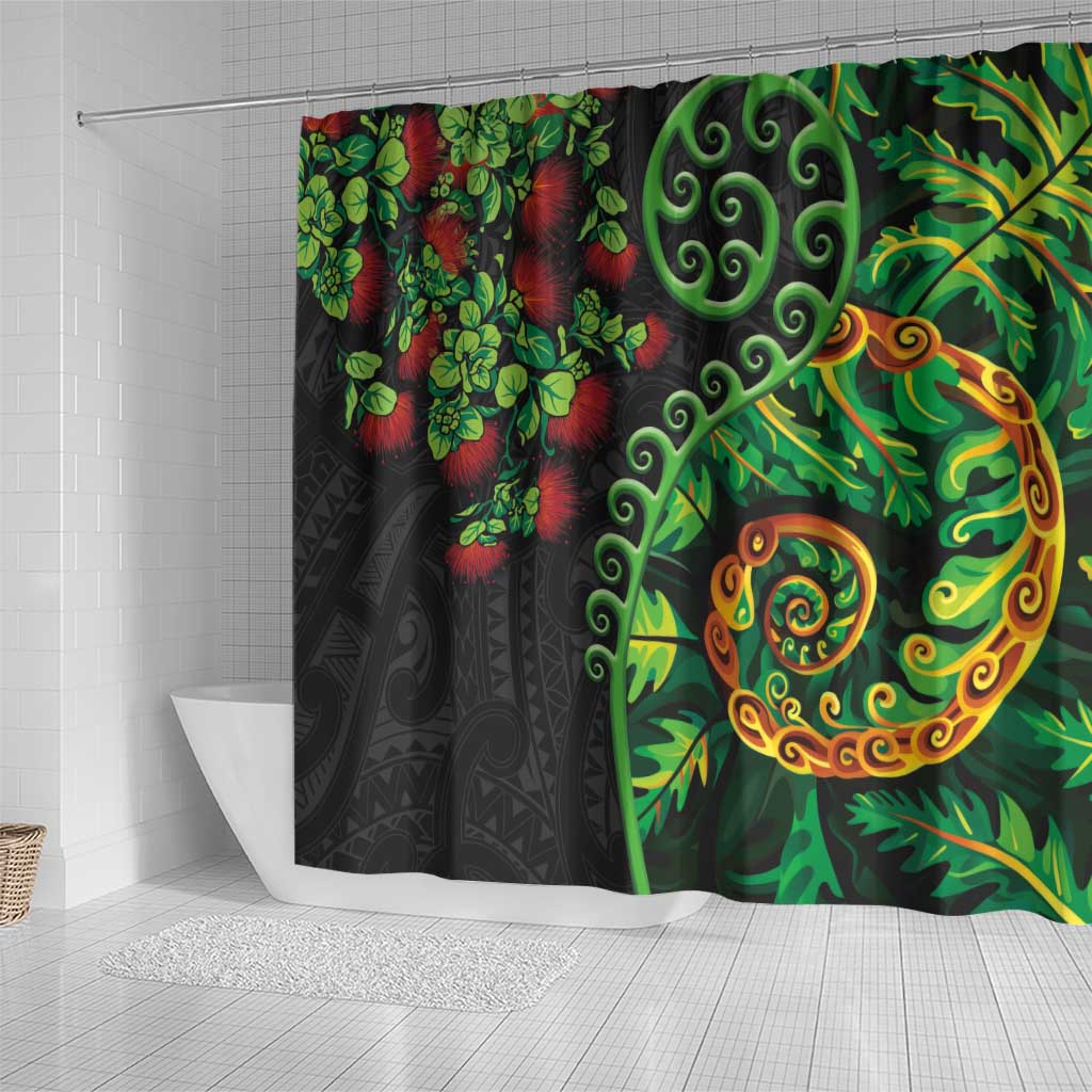 New Zealand Koru Plants and Pohutukawa Shower Curtain Maori Tattoo Pattern