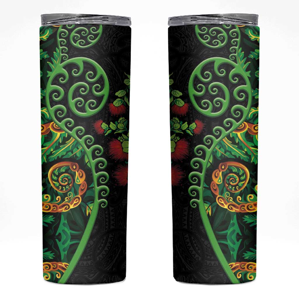 New Zealand Koru Plants and Pohutukawa Skinny Tumbler Maori Tattoo Pattern