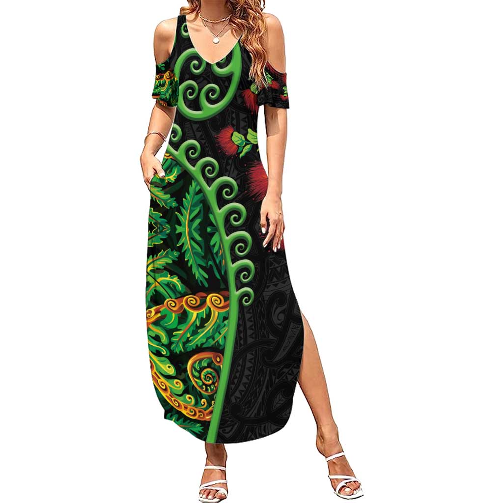 New Zealand Koru Plants and Pohutukawa Summer Maxi Dress Maori Tattoo Pattern