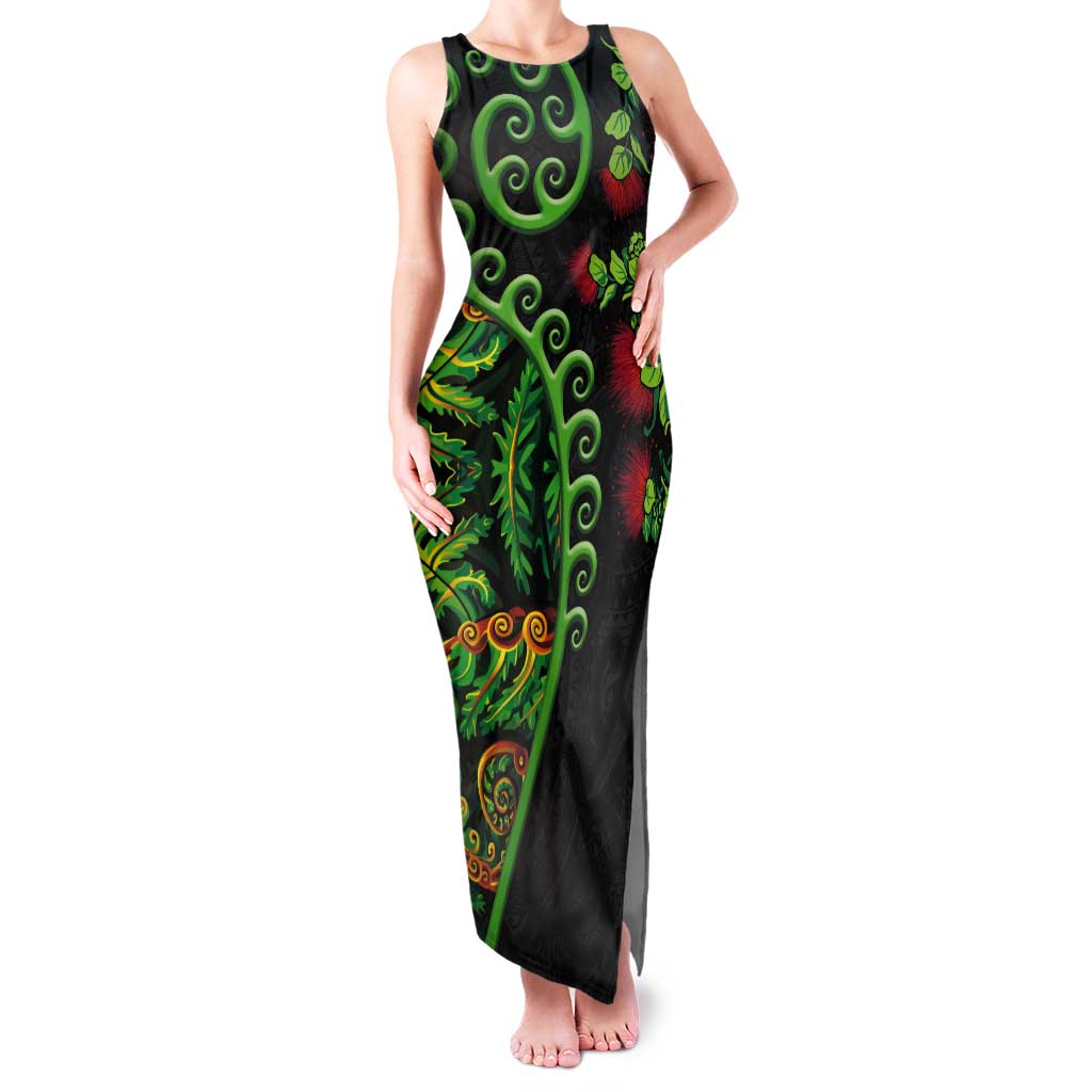 New Zealand Koru Plants and Pohutukawa Tank Maxi Dress Maori Tattoo Pattern