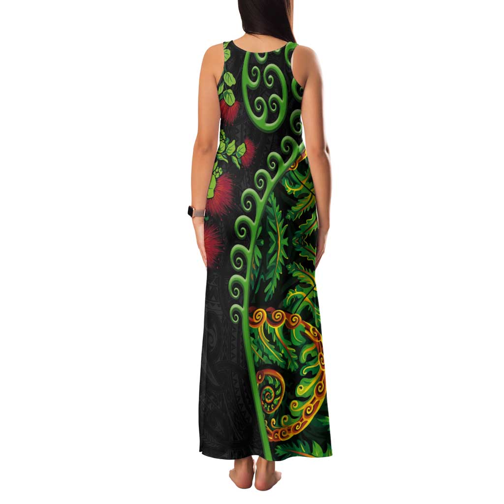 New Zealand Koru Plants and Pohutukawa Tank Maxi Dress Maori Tattoo Pattern