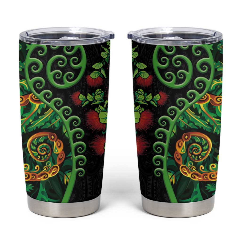 New Zealand Koru Plants and Pohutukawa Tumbler Cup Maori Tattoo Pattern