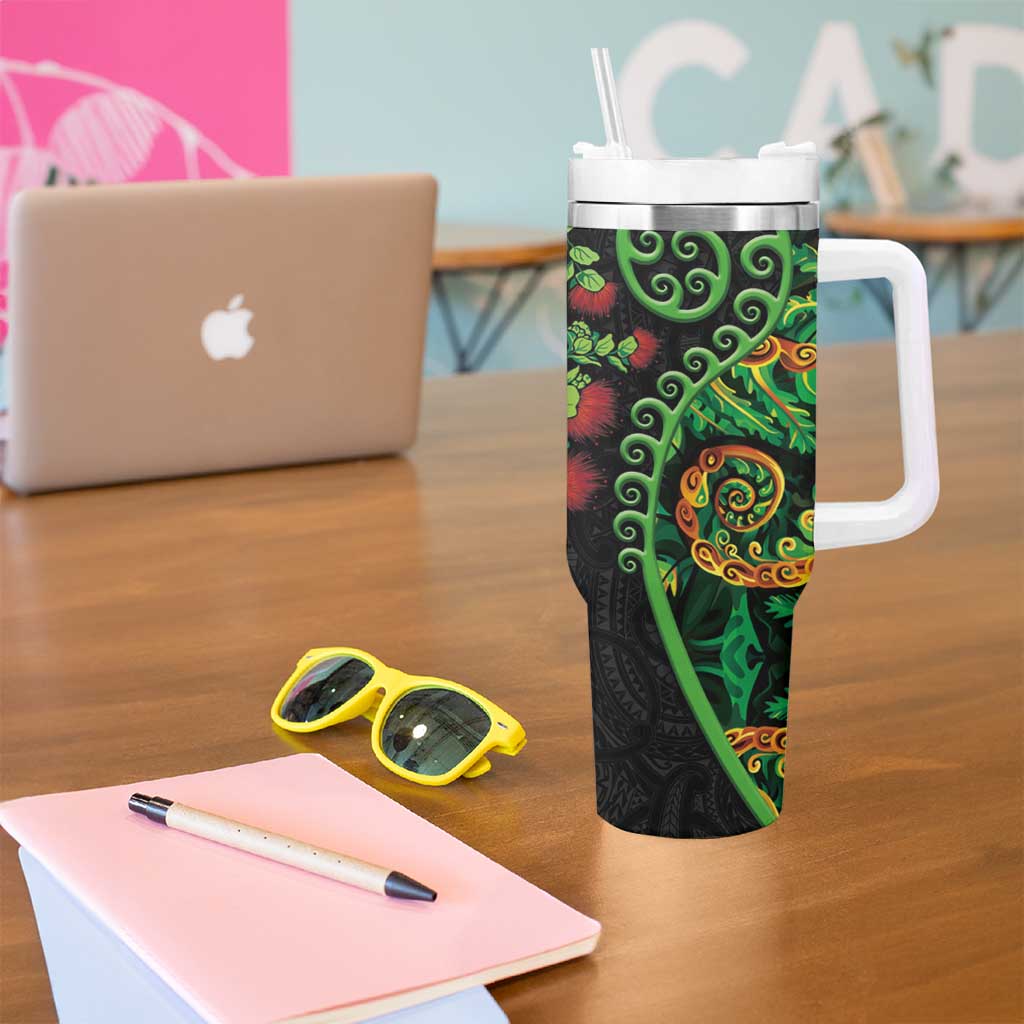 New Zealand Koru Plants and Pohutukawa Tumbler With Handle Maori Tattoo Pattern