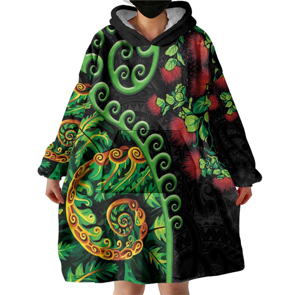 New Zealand Koru Plants and Pohutukawa Wearable Blanket Hoodie Maori Tattoo Pattern