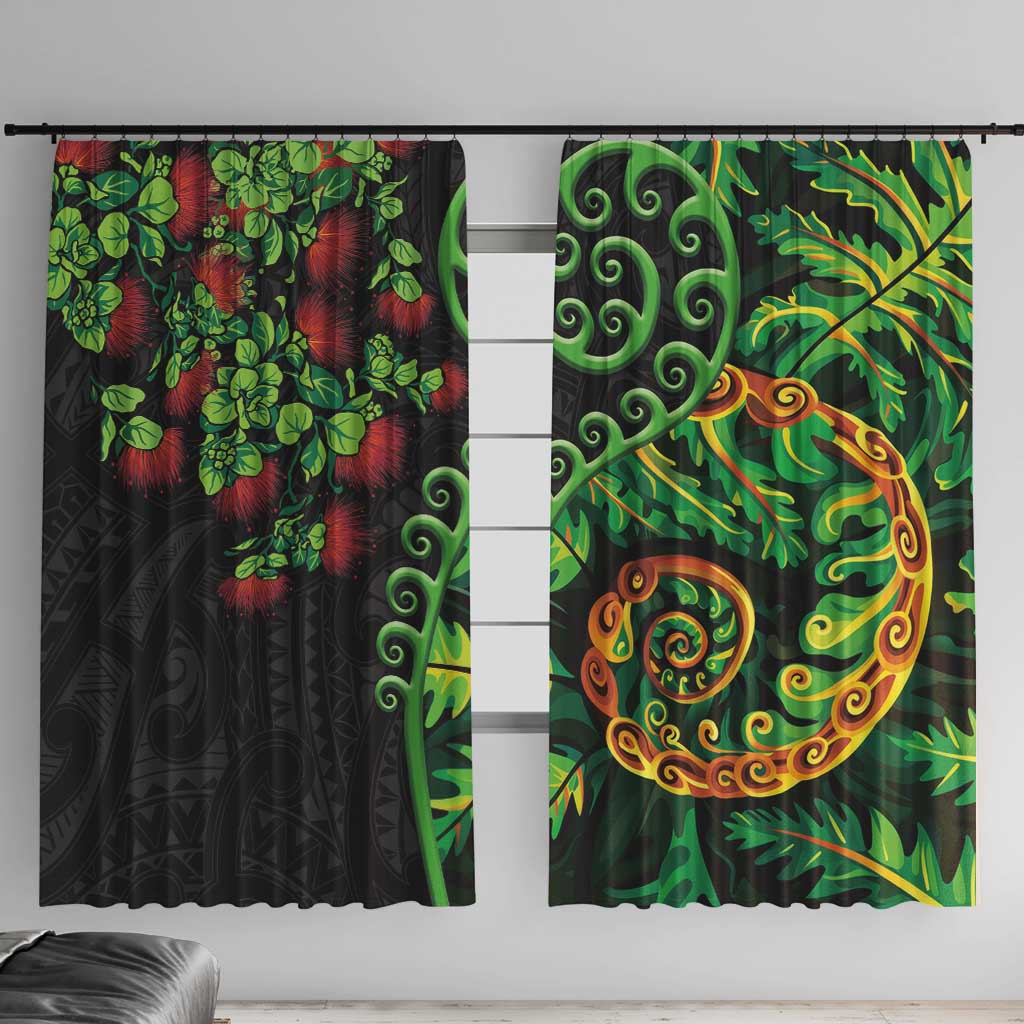 New Zealand Koru Plants and Pohutukawa Window Curtain Maori Tattoo Pattern