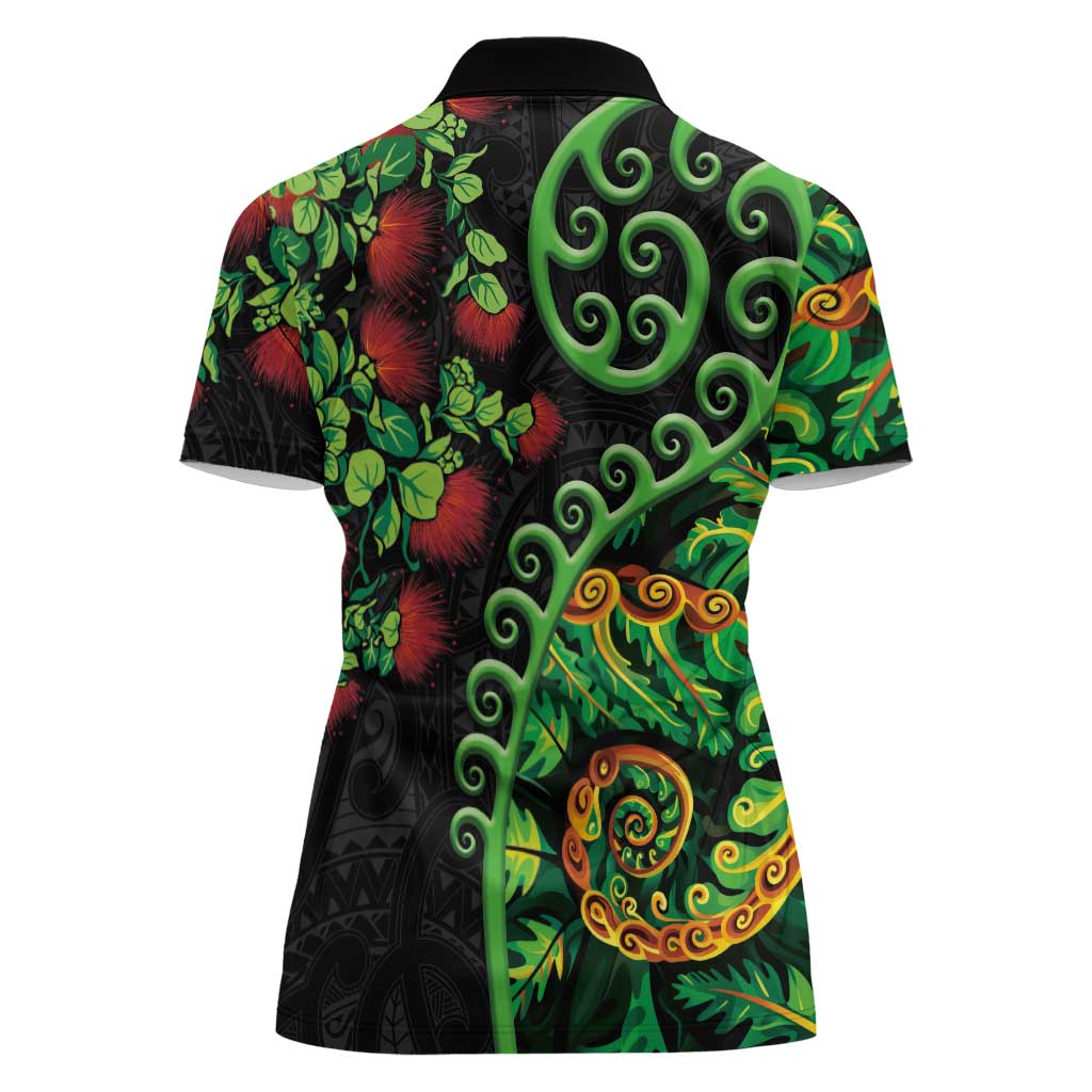 New Zealand Koru Plants and Pohutukawa Women Polo Shirt Maori Tattoo Pattern