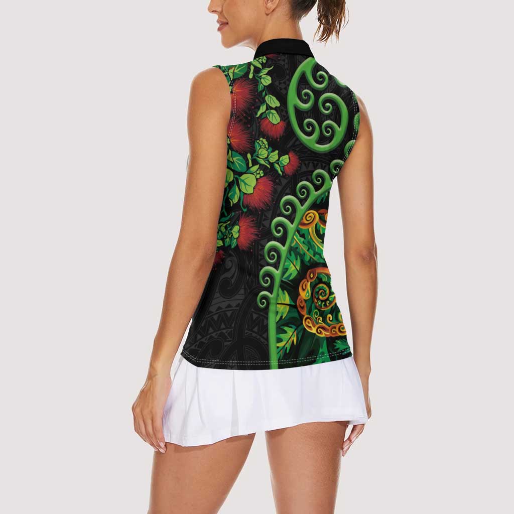 New Zealand Koru Plants and Pohutukawa Women Sleeveless Polo Shirt Maori Tattoo Pattern