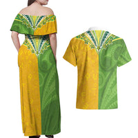 Cook Islands Language Week Couples Matching Off Shoulder Maxi Dress and Hawaiian Shirt Tatau Pattern and Rarotongan Alphabet - Polynesian Pride