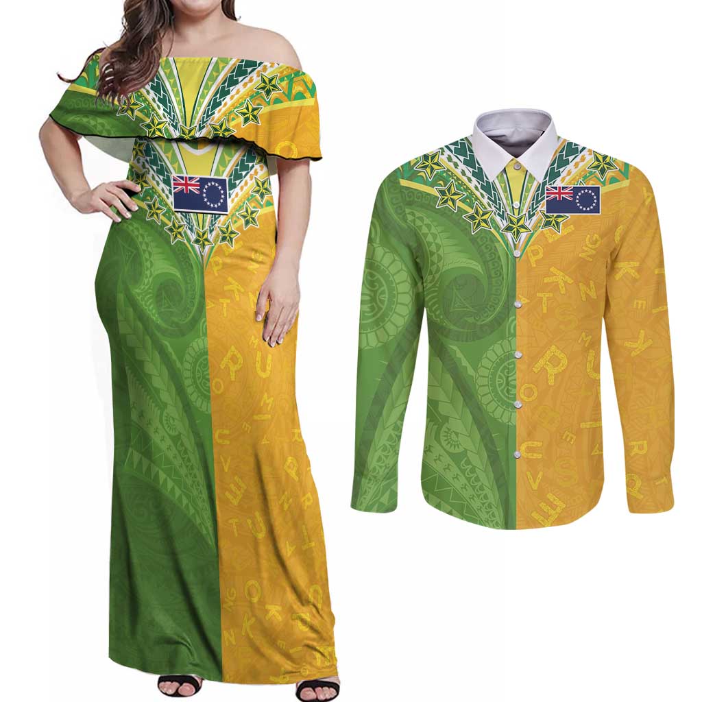 Cook Islands Language Week Couples Matching Off Shoulder Maxi Dress and Long Sleeve Button Shirt Tatau Pattern and Rarotongan Alphabet - Polynesian Pride